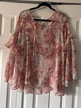Style & Co. Cream Paisley Tie-Front Ruffle Sleeve Blouse